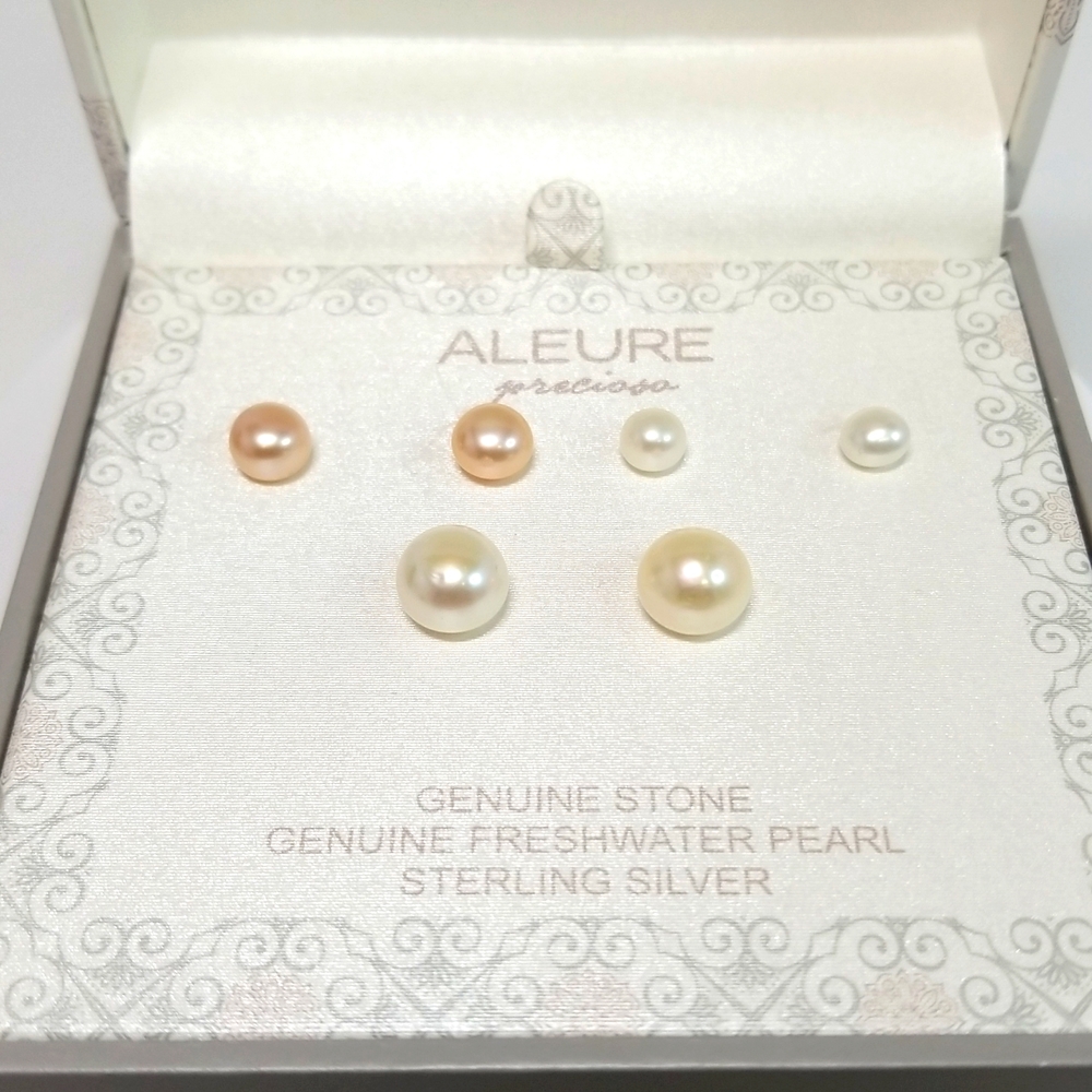 Aleure Preciosa Womens 3 Earrings Genuine FreshWater Pearl Sterling Silver